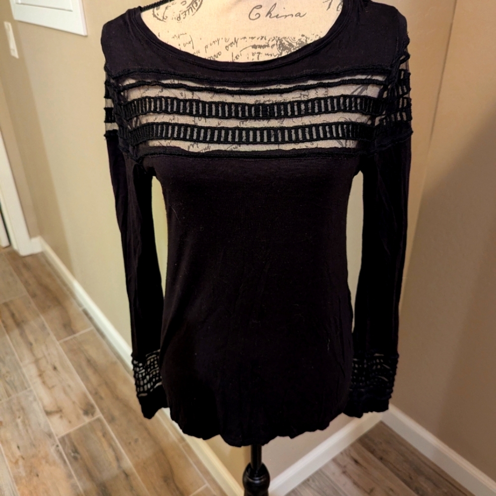 Free People Elegant Black Lace Trim Top Size Small